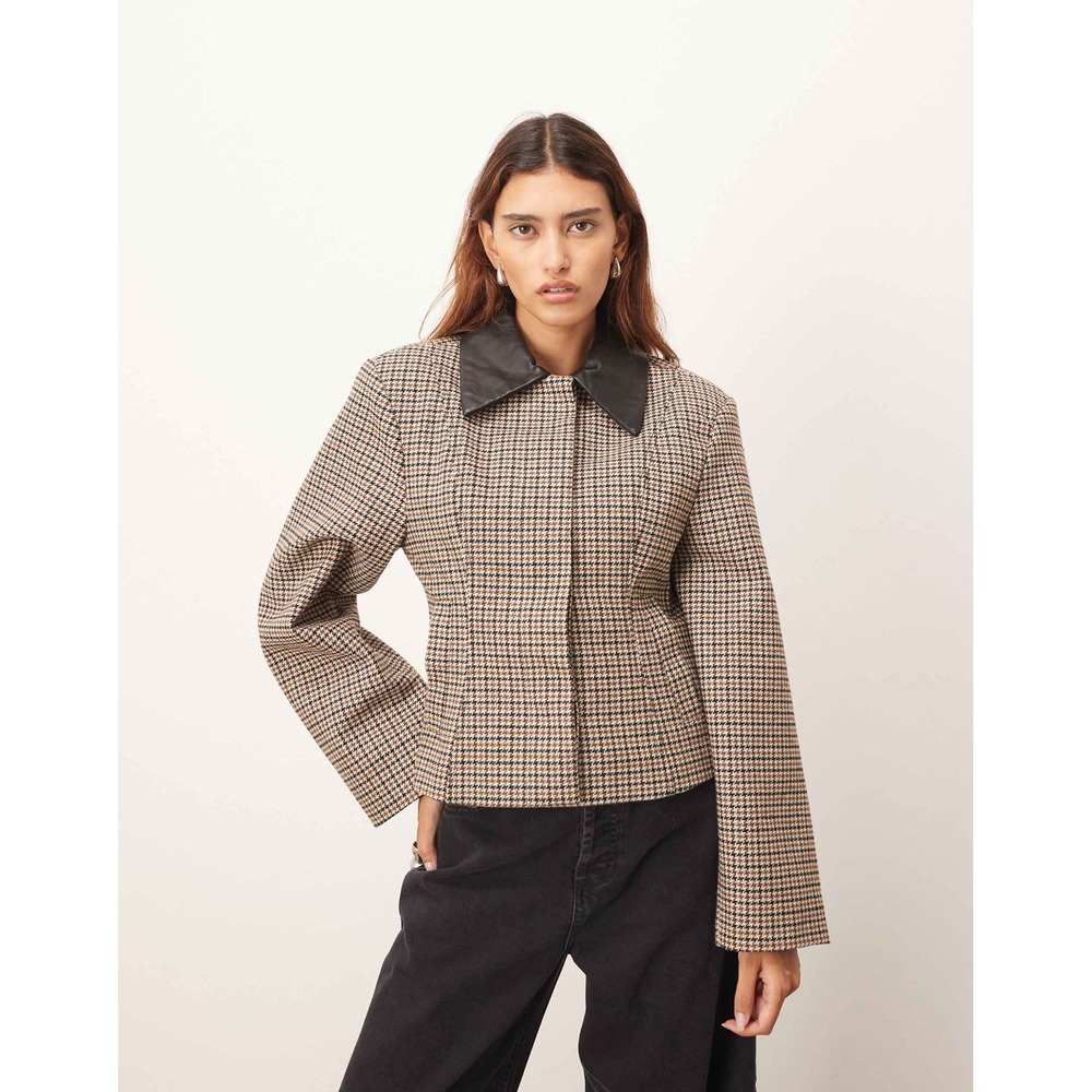 Arrange Plaid Structured Jacket Contrast Leather Collar Size 0